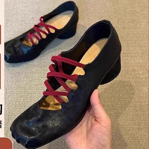 Retro Leather Version Cross Strap Ballet Flats Women's Folded Genuine Leather Square Head Pig Nose Shallow Mouth Shoes