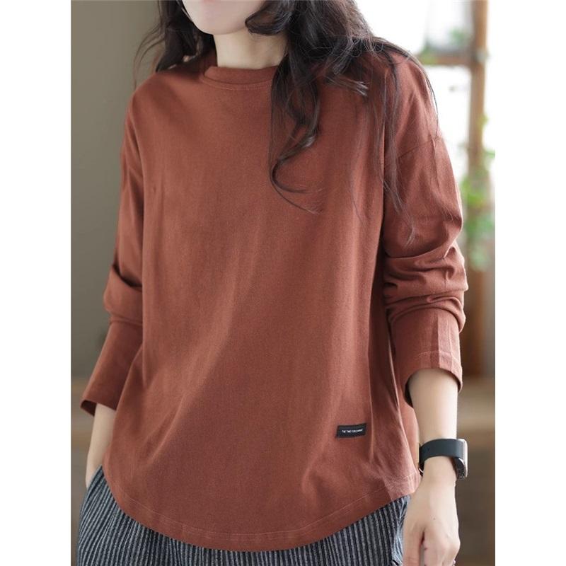 Autumn And Winter Vintage Solid Color Long Sleeved Loose T Shirt Base Shirt