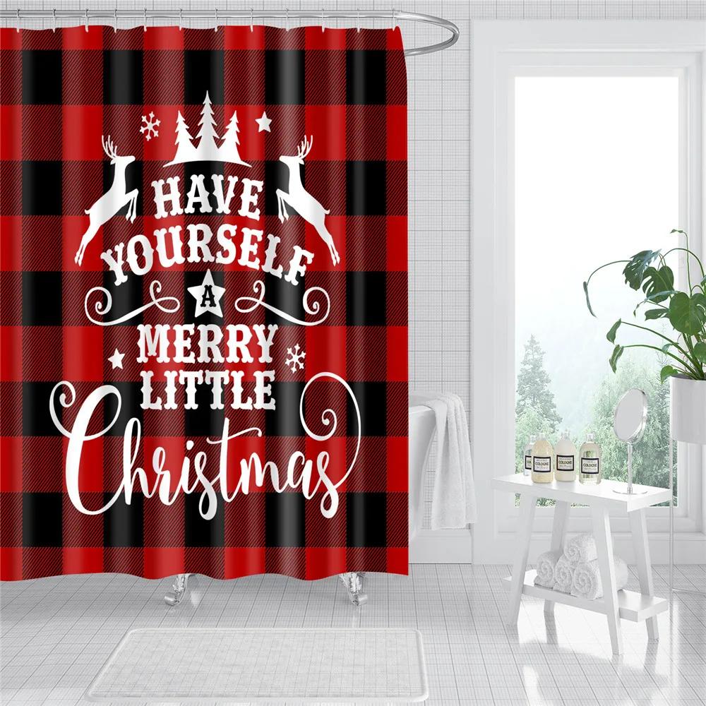 Merry Christmas Shower Curtains New Year Santa Bathroom Decor Bath Curtain Cartoon Snowman Elk Bath Bathroom Curtains