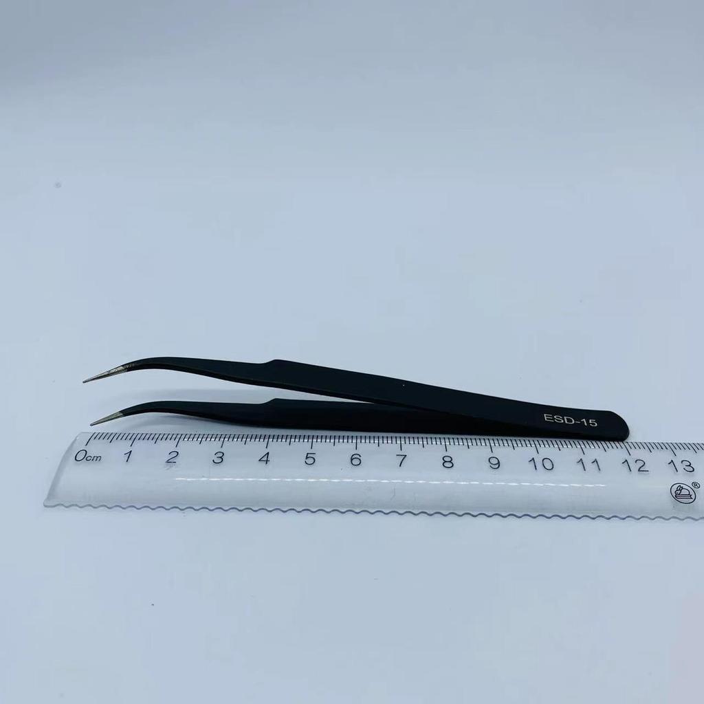 Black ESD Anti-Static Stainless Steel Tweezers Set with Bent Tip for Industrial Repair