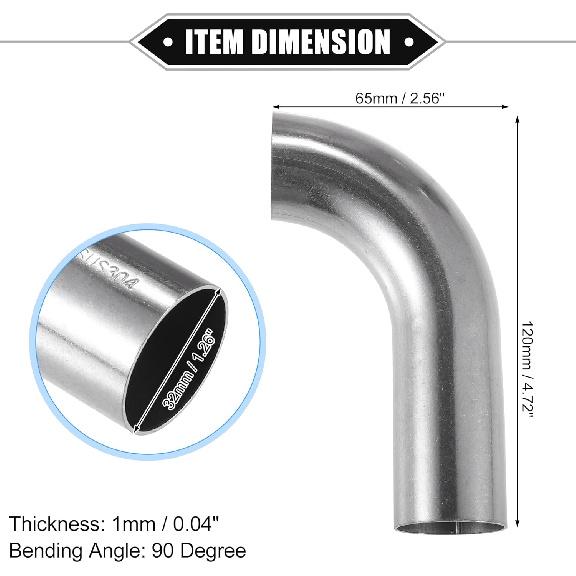 Bend Elbow Pipe Tube, 1.25" OD 4.72" 2.56" Leg 90 Degree DIY Exhaust Pipe Intercooler Air Intake Tube Universal for Car Automotive Durable 304