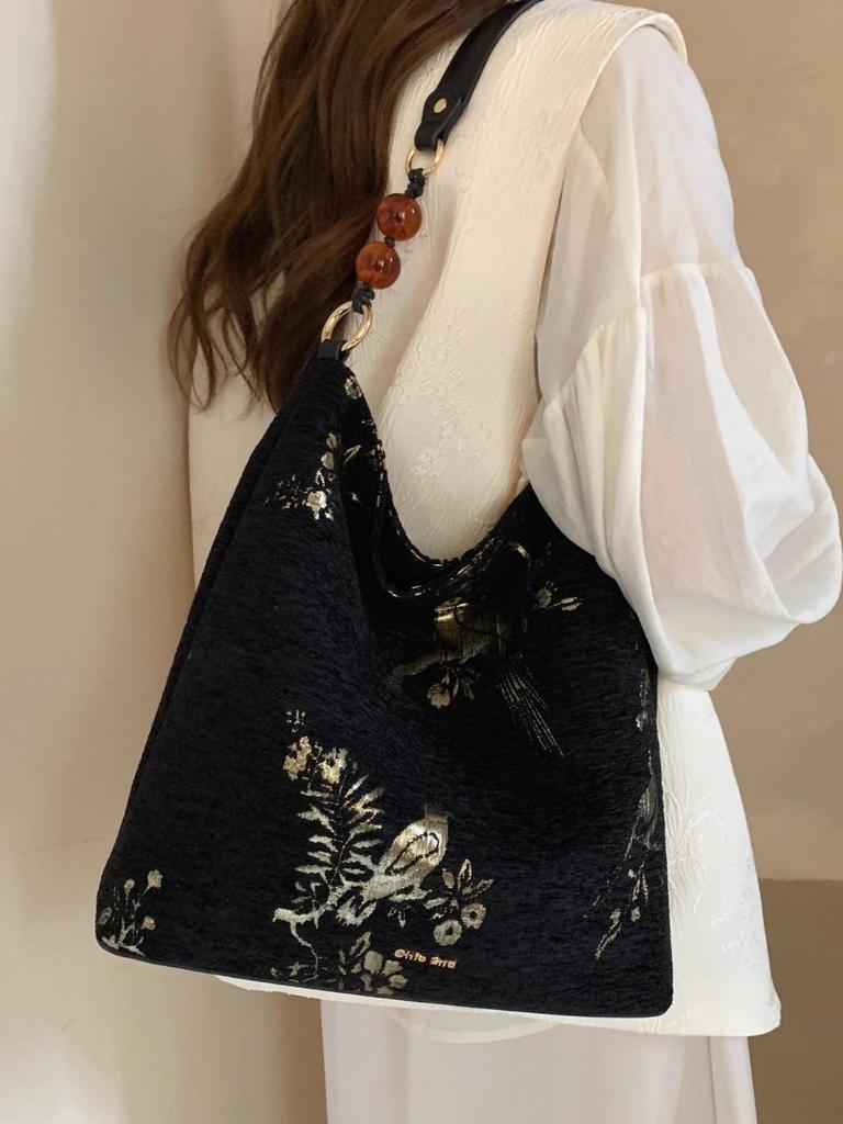 Flower And Bird Chinese Style Underarm Bag New Chinese Shoulder Bag Gentle And Elegant Large Capacity Antique Fashion Literary Tote Bag