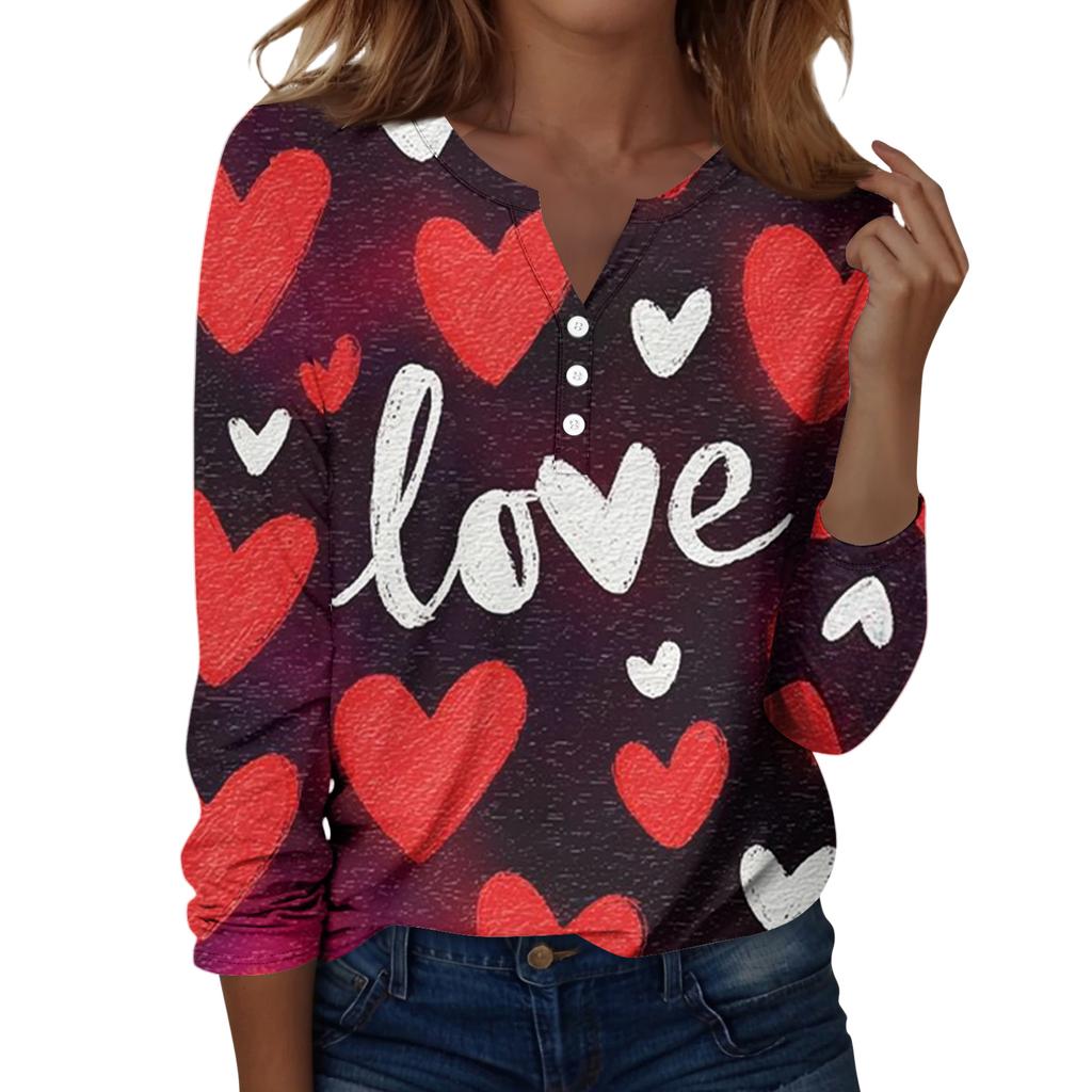 Damen T-Shirt mit Weihnachtsdruck, Knopfleiste, lange Ärmel, für den Alltag, Wochenende, modisch, Basic, V-Ausschnitt, normales Oberteil