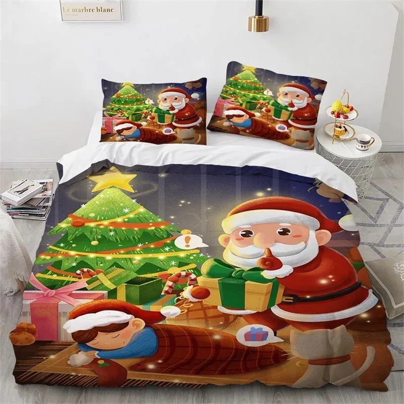 Cartoon Christmas Santa Claus Bedding Set Boys Girls Twin Queen Size Duvet Cover Pillowcase Bed Kids Adult Home Textileextile