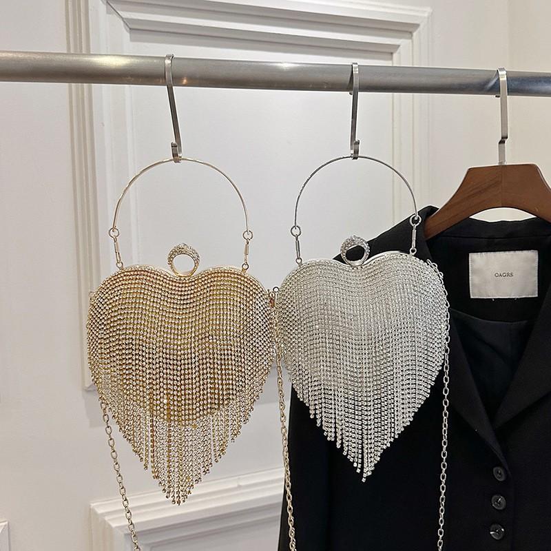Elegant Rhinestone Heart Shaped Handbag With Tassel Chain Strap Small Evening Clutch Women Formal Party Dress Accessory