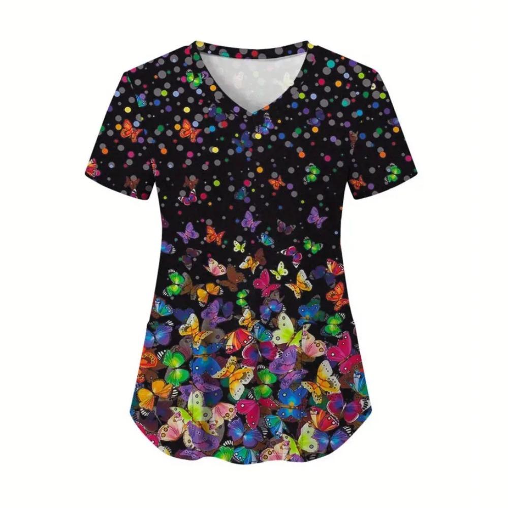 Bata Médica Mujer Elegante Estampado Mariposa Cuidado de la Salud Enfermería Cuello en V Manga Corta Bolsillo de Parche Tops Uniforme Médico para Mujeres