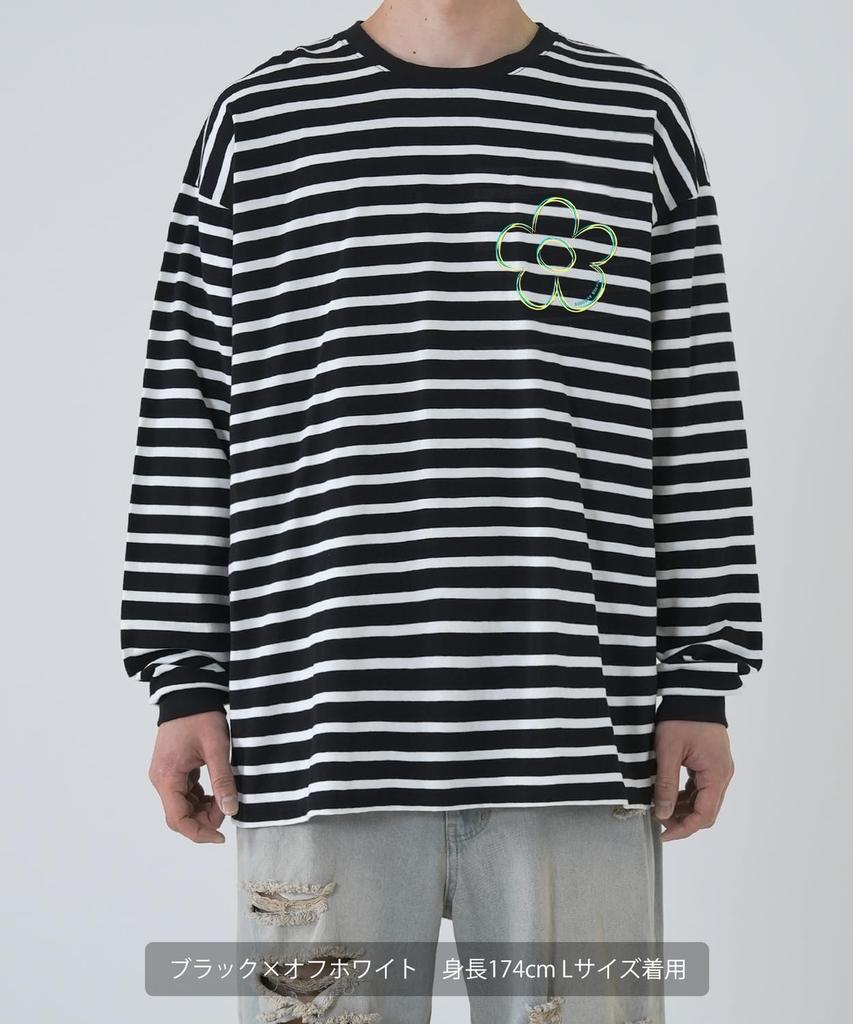 IMPROMES Casual SIDEWAYSTANCE Floral Border Long Sleeve T-Shirt, Men's, Off-White x Navy