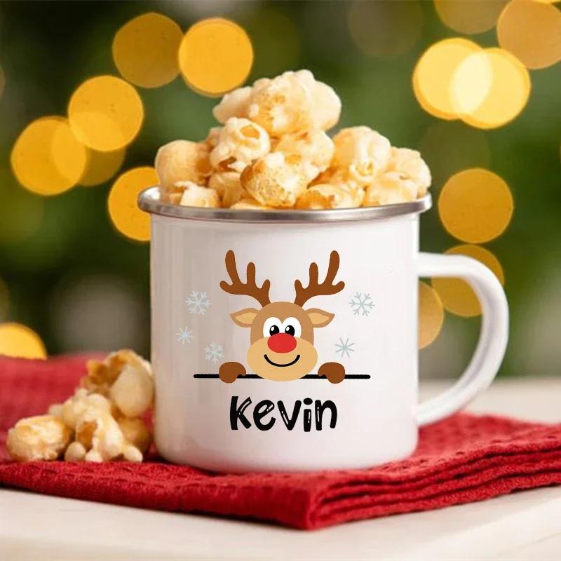 Personalisierte Hirsch-Weihnachts-Emaille-Tassen Benutzerdefinierter Name Heißer Kakao Schokolade Geschwister-Tasse Getränke Saft Tassen mit Griff Weihnachten Geschenke für Kind