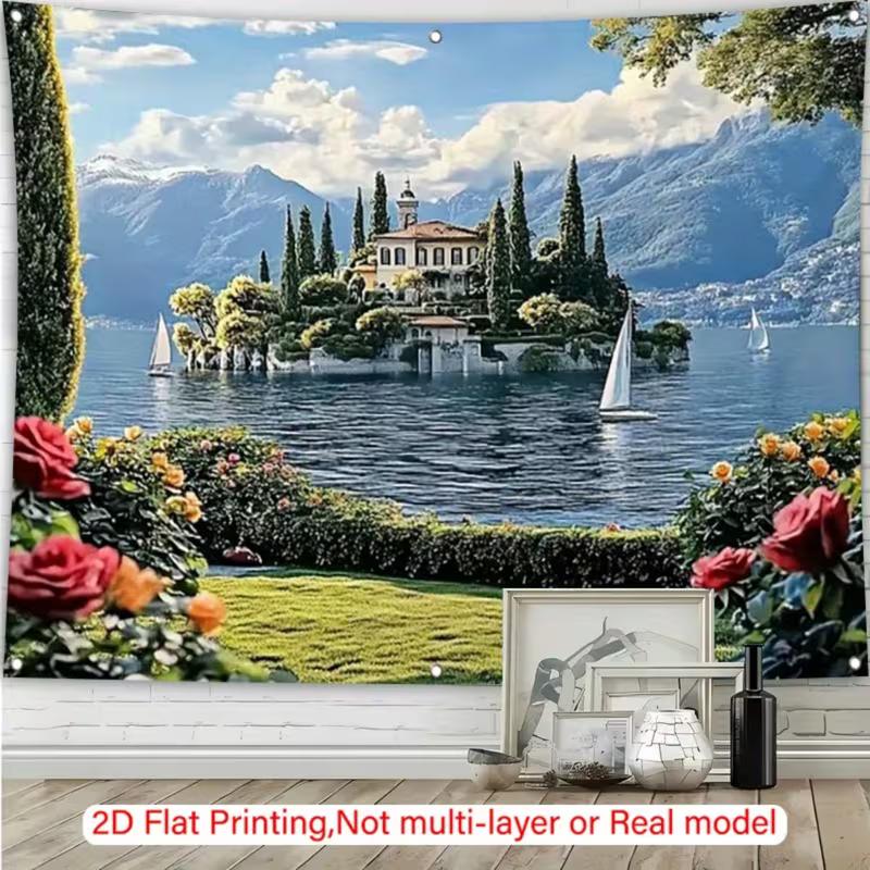 2D platt tryck italienska sjön Comos gobeläng, Villaön och bergsutsikt väggdekoration