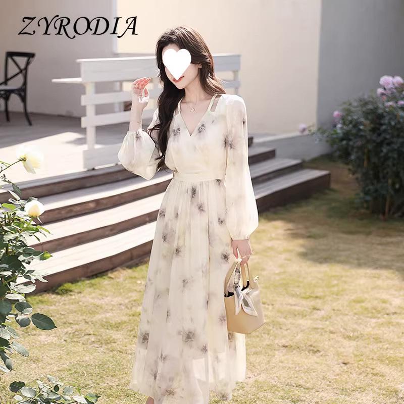 French Spring and Autumn New Printing Mori Super Fairy High Waist Thin Romantic Long Sleeve Long Dress Niche Design