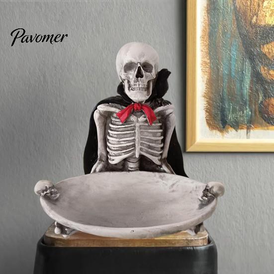 Halloween Skull Tray Skeleton Decorative Tray, Gothic Storage with Black Cape Red Party Supplies Bow, Multifunctional Desktop Organizer for