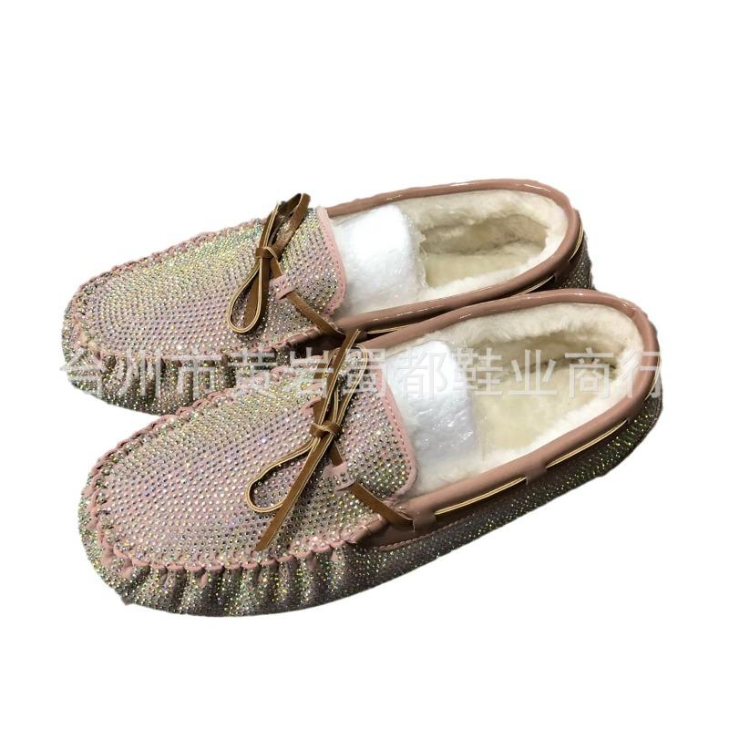 Color rhinestone beanie shoes women's winter velvet cotton shoes Harajuku large size pregnant women casual shoes flat bottom one pedal fluffy shoes