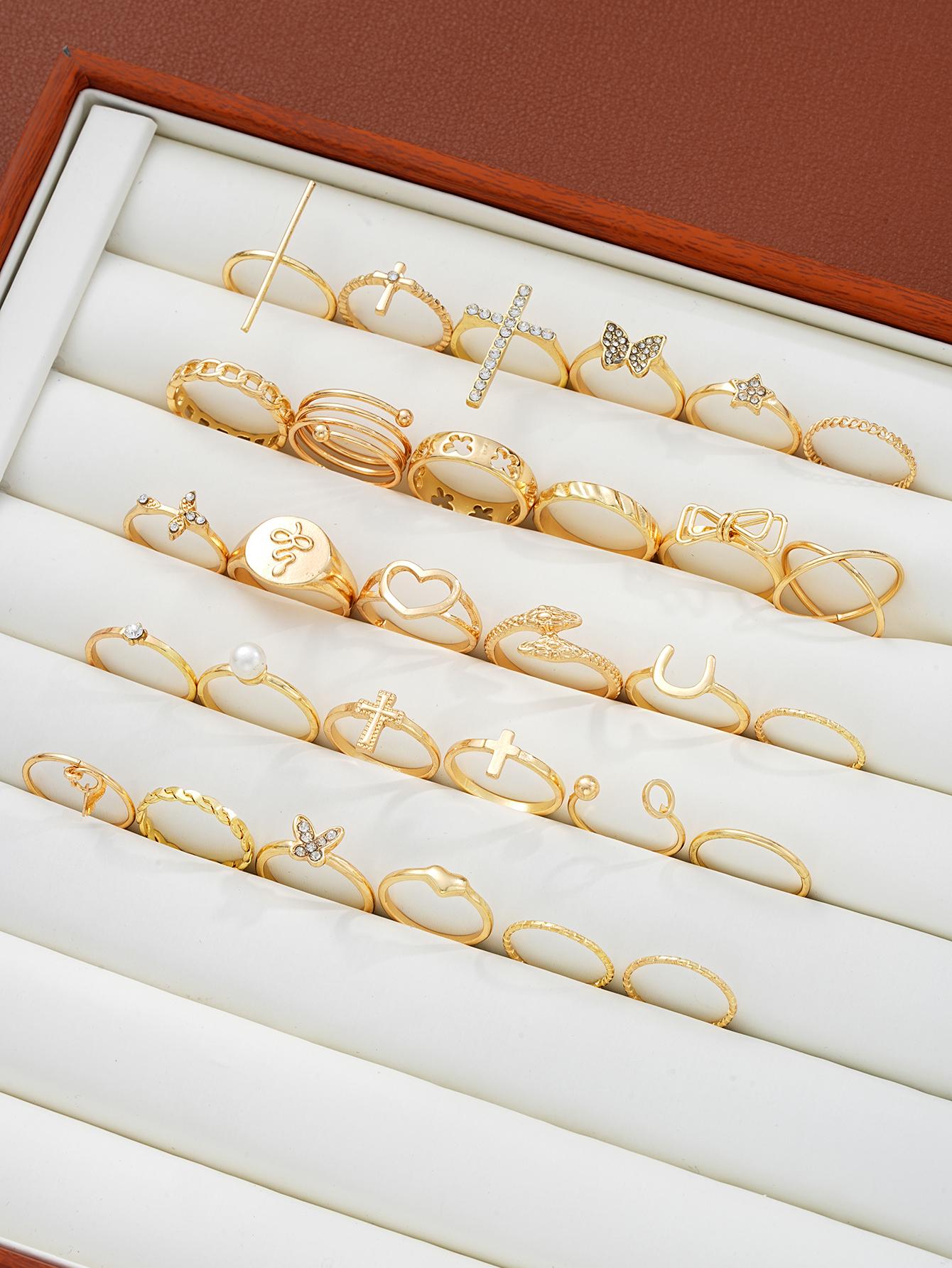 

30 Элегантных Колец из Цинкового Сплава, Надетых Стопкой, Модные Кольца из Сплава с Шипами в Виде Бабочки и Креста, Золотые, Аксессуары для Повседневной Одежды и Вечеринок