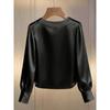 Spring and Autumn Pearl Round Neck Satin Women Shirt Loose Casual Long Sleeve Office Blouse Female Top O Neck Solid Color Simple Clothing