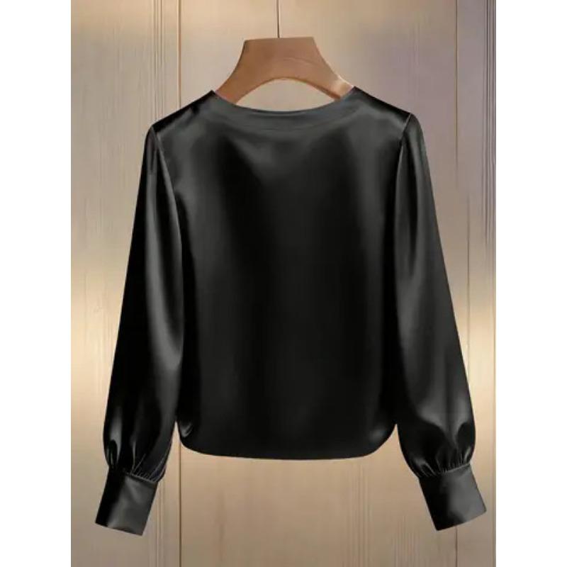 Spring and Autumn Pearl Round Neck Satin Women Shirt Loose Casual Long Sleeve Office Blouse Female Top O Neck Solid Color Simple Clothing