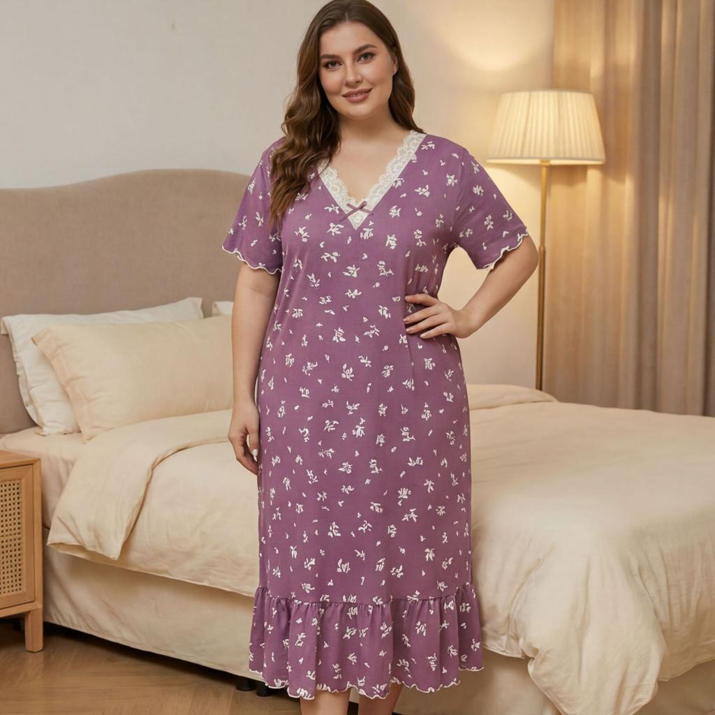 Large size floral nightdress lace short sleeve printed pajamas ruffle hem medium and long version homewear casual wear