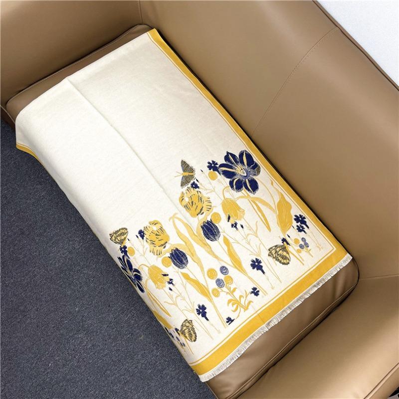 Trendy flower imitation cashmere scarf for women, double-sided long retro tassel warm shawl dual-purpose