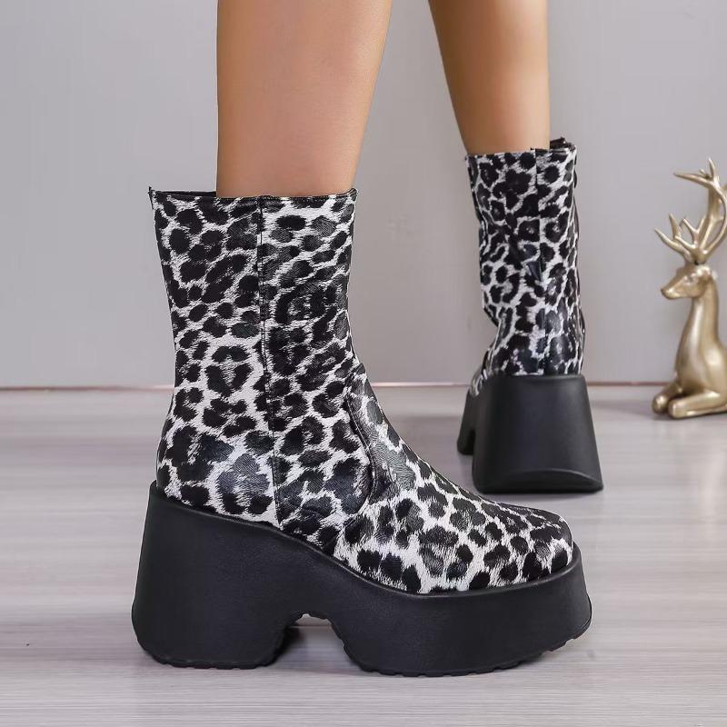 Fashion 2025 New Boots Leopard Thick High Heels Round Toe Platform Ankle Shoes Punk Goth Fashion Luxury Casual Comfy Platform Wome Boot