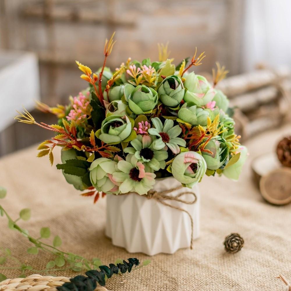 Nordic Fake Flowers with Vase Silk Variety Balls Ceramic Vase Artificial Faux Plants Hemp Rope Rose Artificial Pot Flower