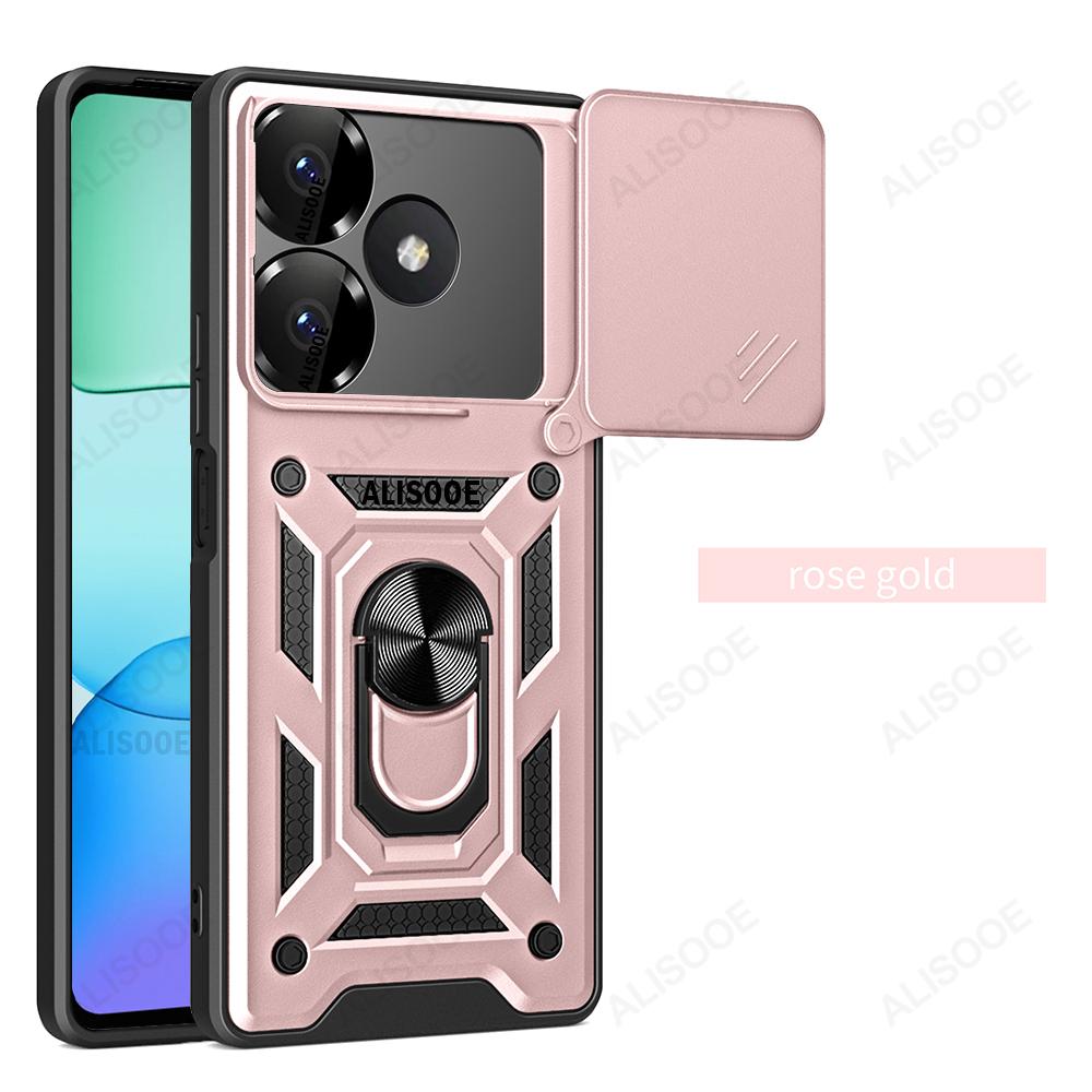 

Slide Camera Funda для Redmi 13 4G Чехол Push Lens Ring Stand Защитный чехол для Xiaomi Redmi 13 4G Противоударный чехол for Redmi 13 4G розового золота