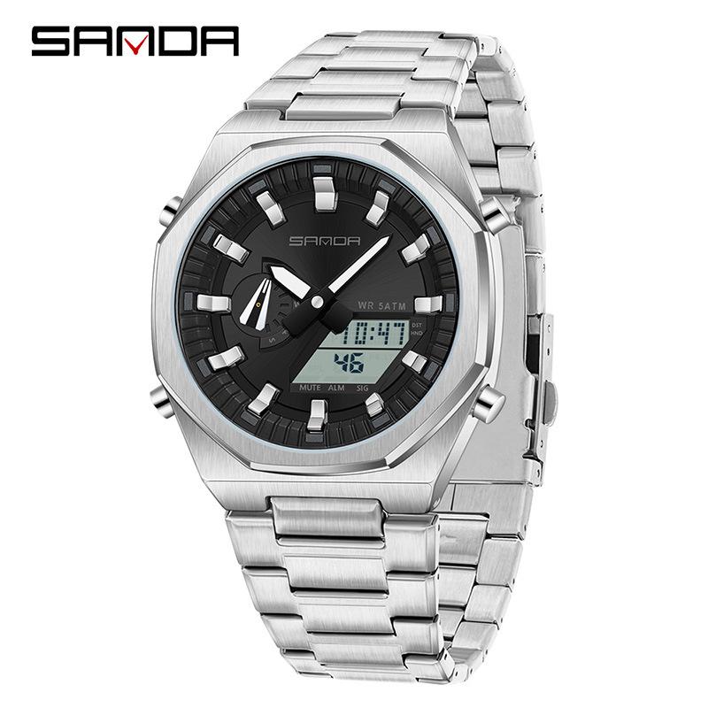 Sanda Men's Multifunctional Dual Display Watch with Countdown, Alarm, Daylight Saving, and Waterproof Features