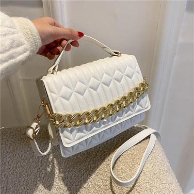 Bolsa de ombro de luxo com correntes grossas para mulheres, bolsa mensageiro de couro PU, bolsa transversal com aba em losango, bolsa pequena quadrada