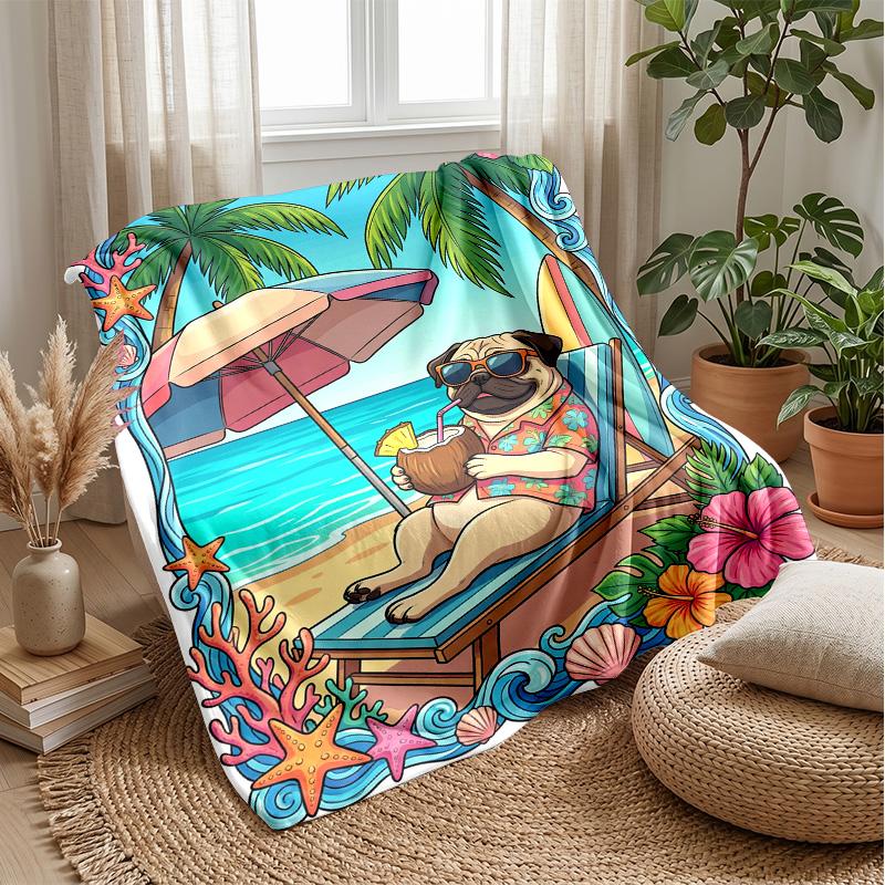 Pug Party In Paradise Theme Blanket Lightweight Warm Flannel Blanket Decorative Throw Blanket for Home Decoration