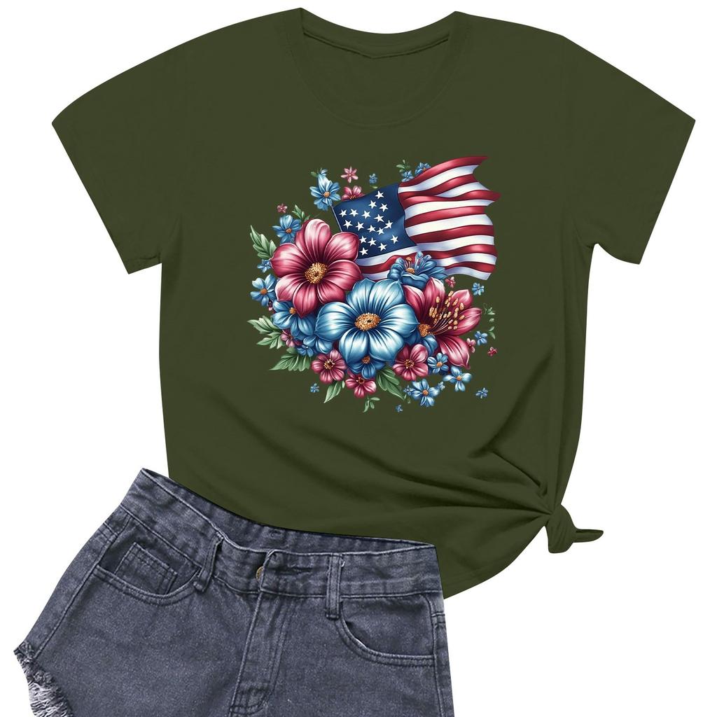 Damenmode Unabhängigkeitstag Bedrucktes Rundhals Kurzarm Freizeit T-Shirt Top