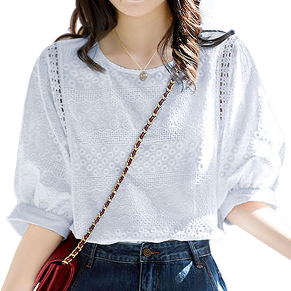 Lace shirt blouse for top with small short openwork voluminous for going out [Yino] women, flowers, embroidery, sleeves, U-neck, knit, slimming, cute,