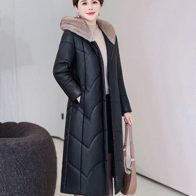 Winter Genuine Leather Jacket  Windproof Long Sheepskin Coat Slim Hooded Alpaca Overcoat