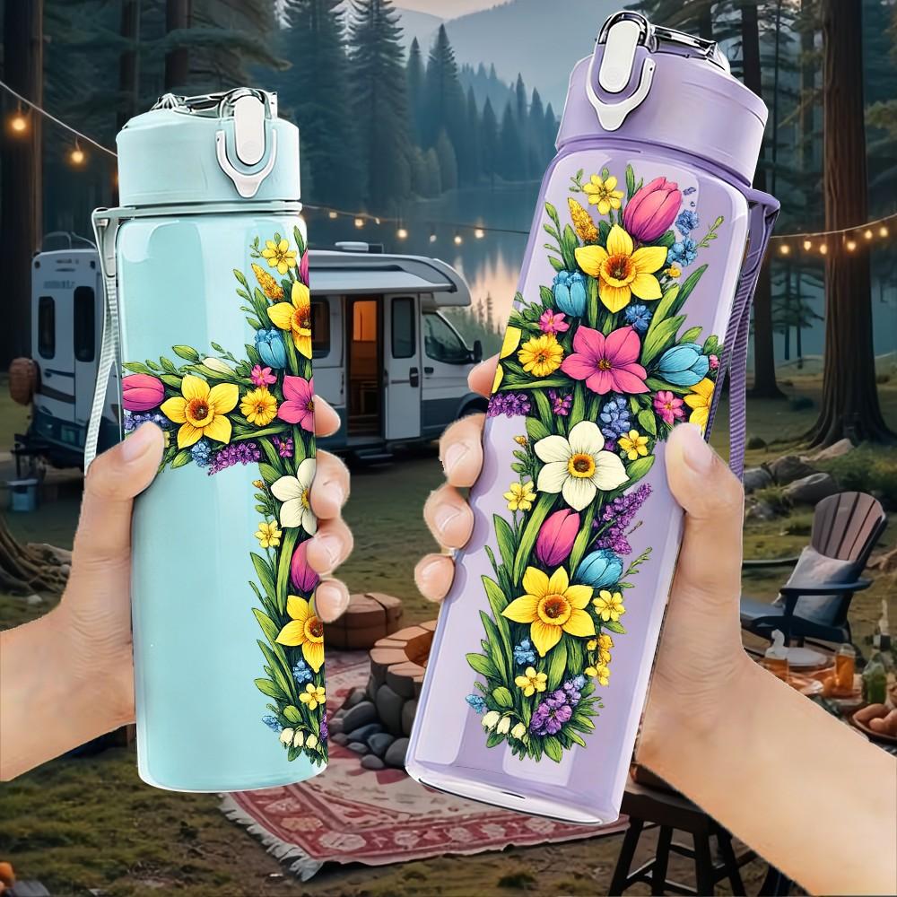 1PC Cross Flower Religious Decor Print 750ml Color Plastic Sports Water Bottle Leakproof Flip Straw Lid Suitable for Sports Office Home Use