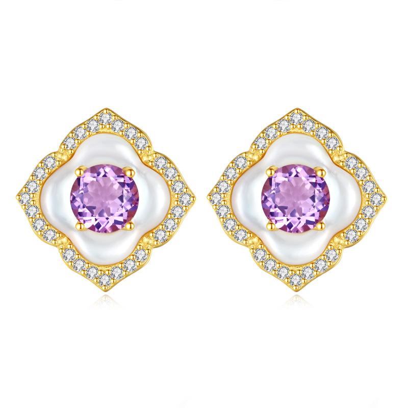 Natural spar stud earrings S925 silver inlaid fritillary court style retro earrings jewelry fashionable and elegant women s gifts 925 silver