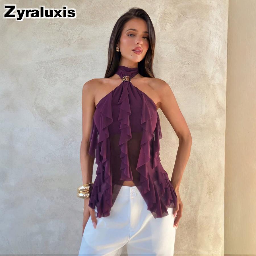 New Purple Mesh Ruffled Sleeveless Open Shoulder Sheer Sexy Top S