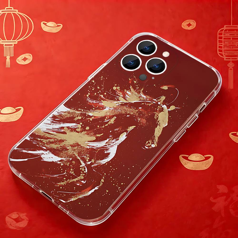 Fashion Chinese-Style Red Horse Phone Case for iPhone 16 15 14 13 12 11 17 Plus Pro Max X XR XS Max Soft Clear Tpu