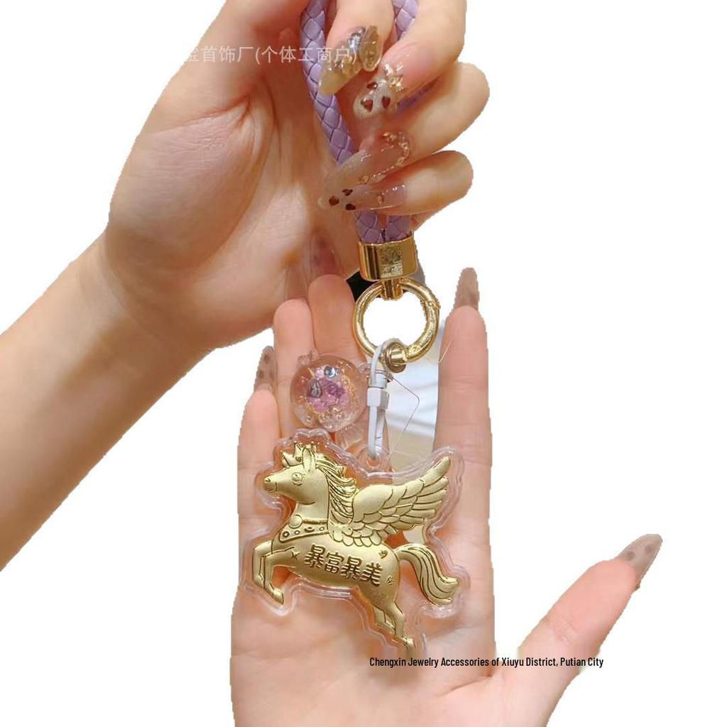 999 Pure Gold Keychain with 'Get Rich Immediately' Charm & Flying Horse Gold Bag Charm - Ideal New Year Gift