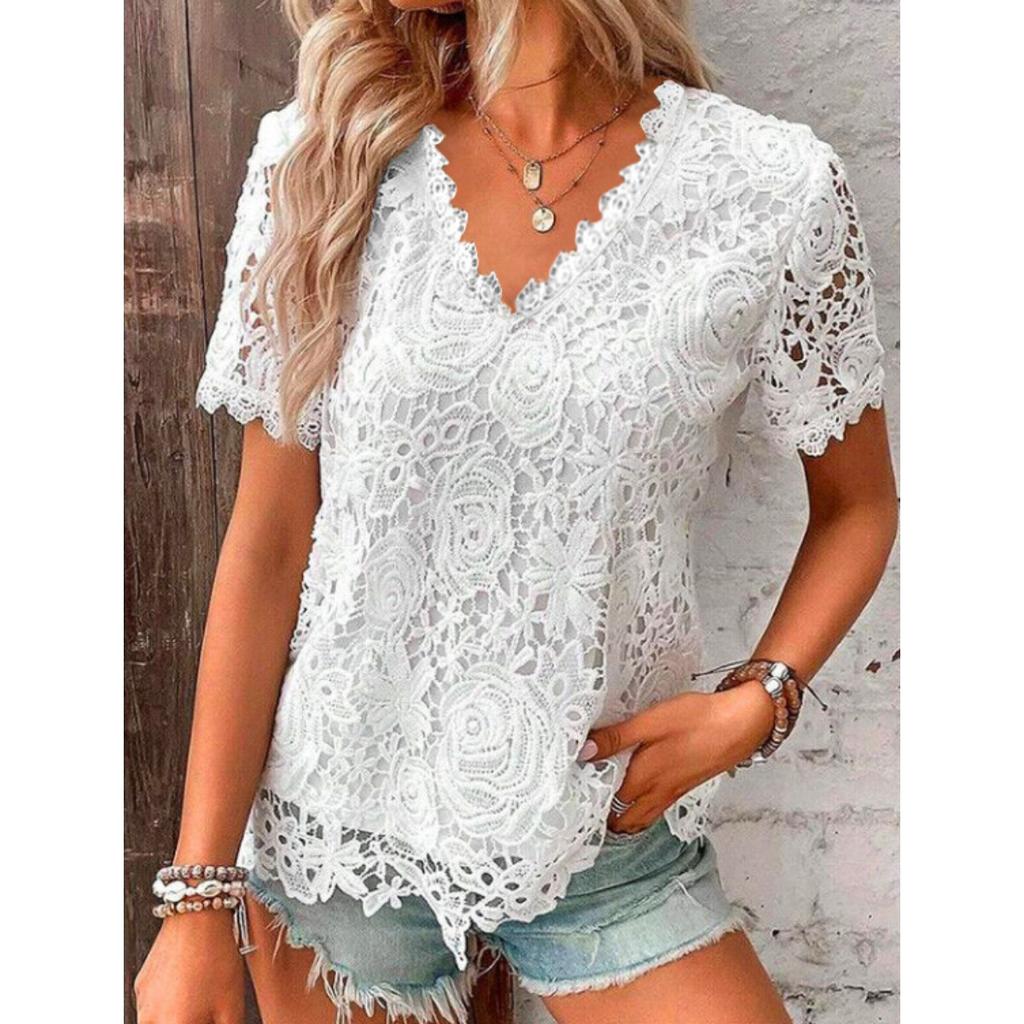 Summer New Arrival Elegant V-neck Short Sleeve Lace Top T-shirt