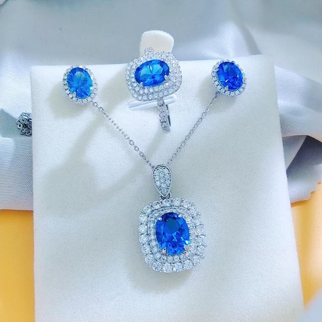 Simulated Pigeon Blood Red Ruby Jewelry Set: Ring, Earrings, and Pendant Necklace