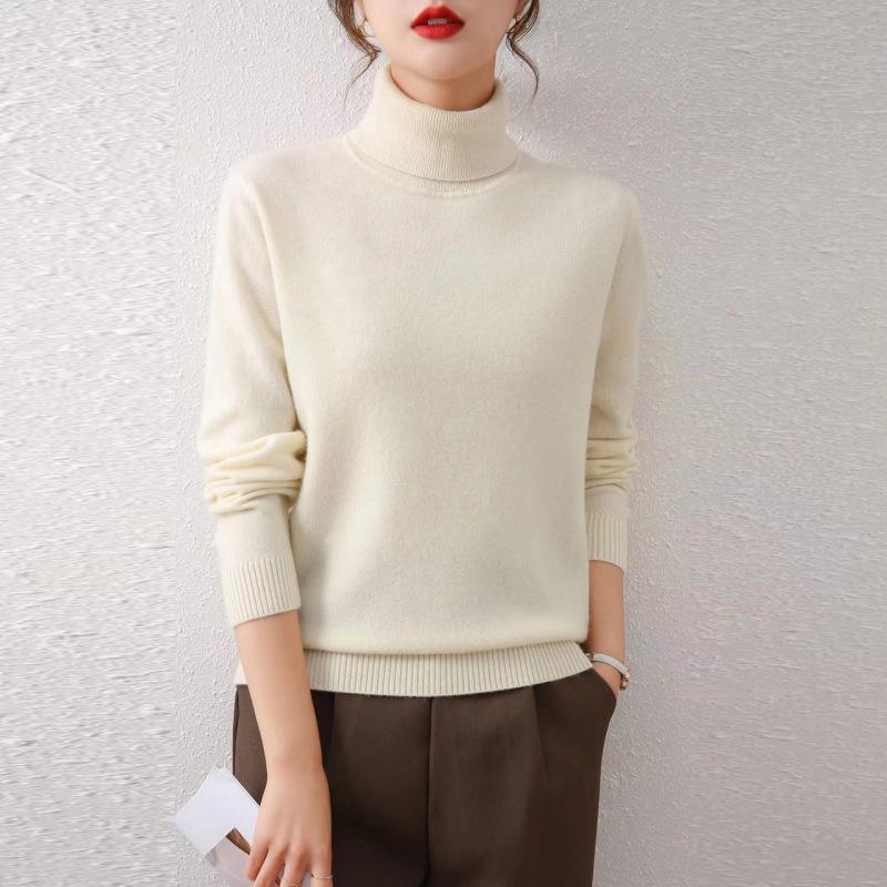 Women's Pure Wool High Neck Sweater - Loose, Slimming, Solid Color, Autumn/Winter Base Layer