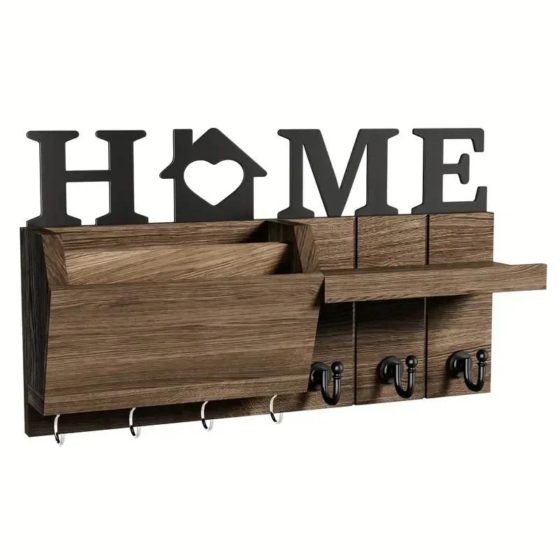 Wooden Wall Key Holder, Decorative Key and Mail Holder with Shelf Has Large Key Hooks for Bags, Coats, Umbrella