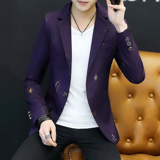 Mode Herr Tryckt Långärmad Slag Enknäppt Smal Blazer Kostym Jacka Rock