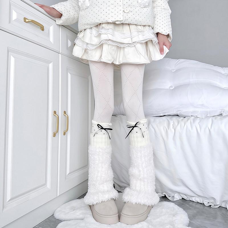 Herfst en Winter Gestapelde Strik Polkadot Sokken Y2k Gebreide Sokken Yabi Spice Girl Grijs Pluche Stapel Beenwarmers Lolita Sokken