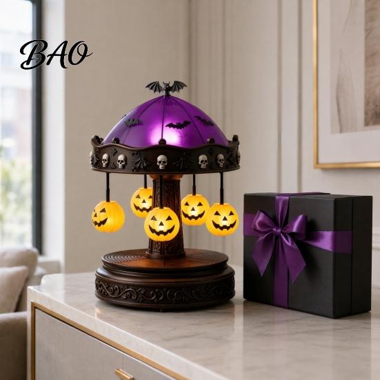 Halloween Tabletop Decor Ghost Carousel Light, Night Gothic Stained Glass Shade Vintage Resin with Floating Ghosts/Pumpkins, Spooky Table Lamp
