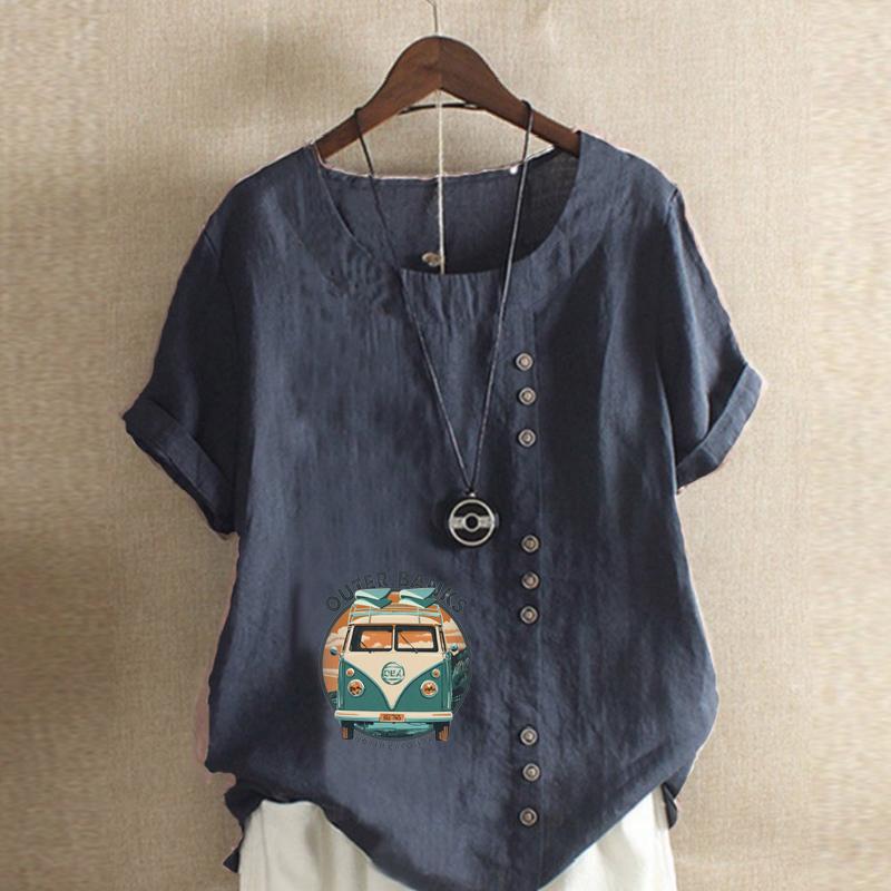 Damenmode Tourenwagen bedruckt Rundhals Kurzarm T-Shirt Lässig Baumwolle Leinen Grafikshirt Freizeit Locker Sommerbluse Tops