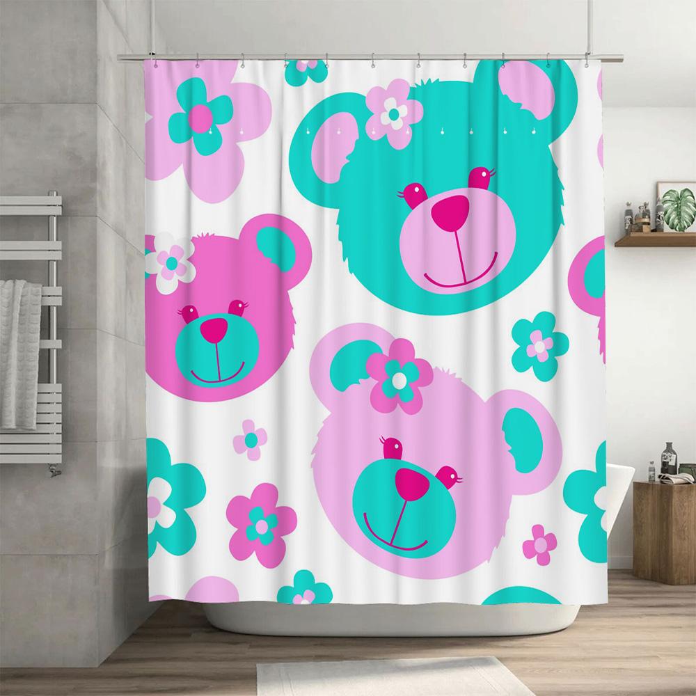 Children's Blue Green Pink Floral Cartoon Bear Shower Curtain for Bath Decor Home Textiles (Custom Size)