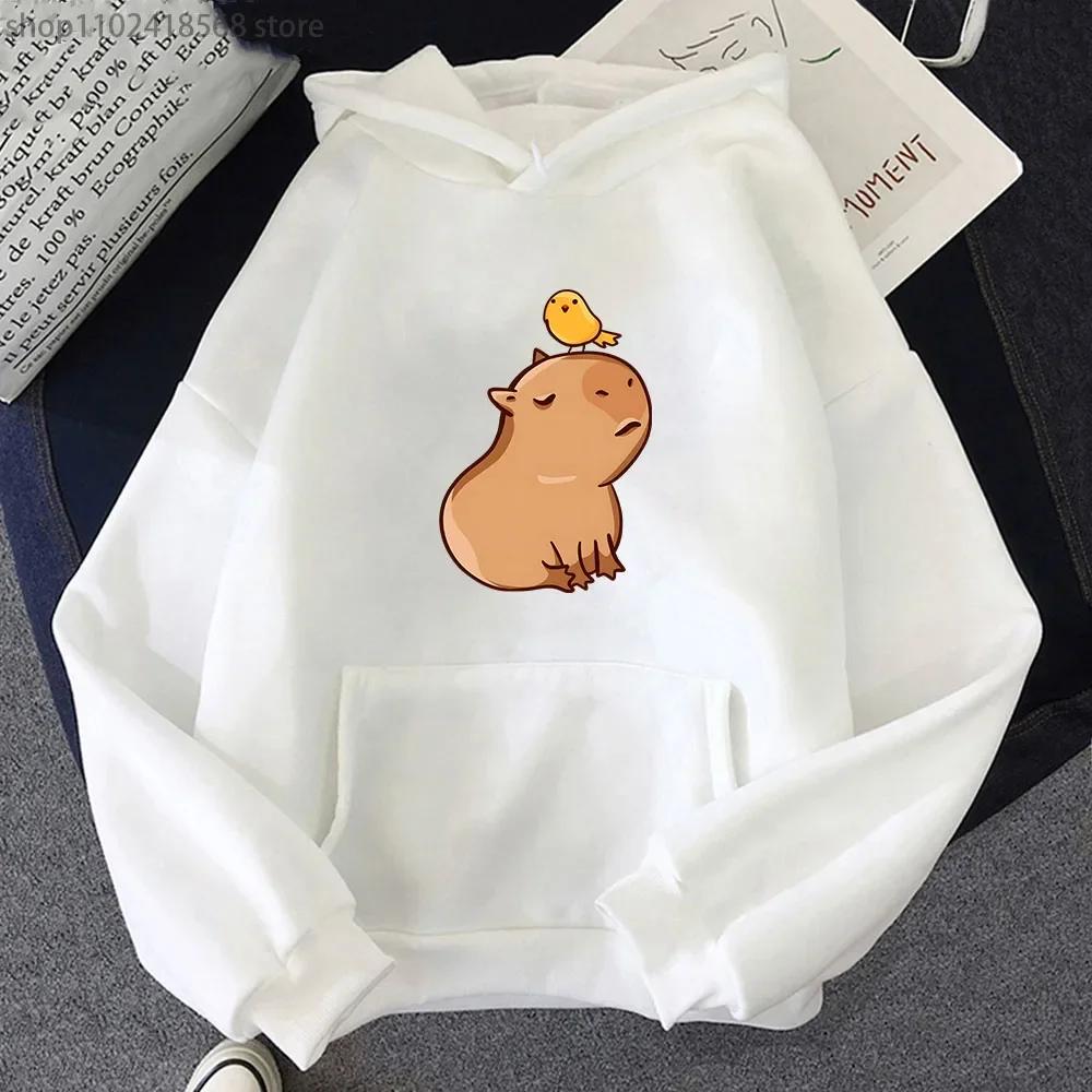 Cartoon Capybara with His Bird Friend Hoodies Women's Kawaii Animal Graphic Sweatshirt Men Tops Clothes