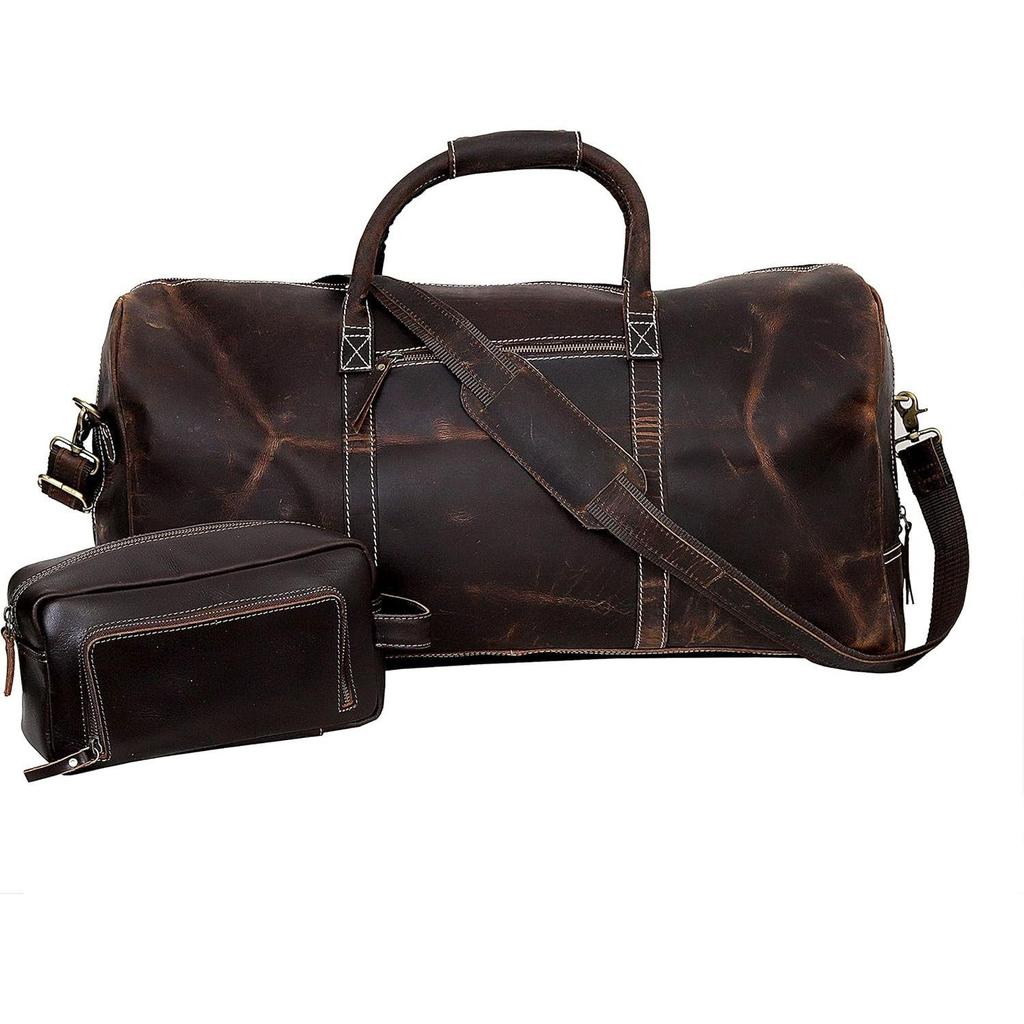 24 Inch Leather Duffel Bags for Men and Women Full Grain Leather Travel Overnight Weekend Leather Luggage with Travel Leather Toiletry Dopp Kit