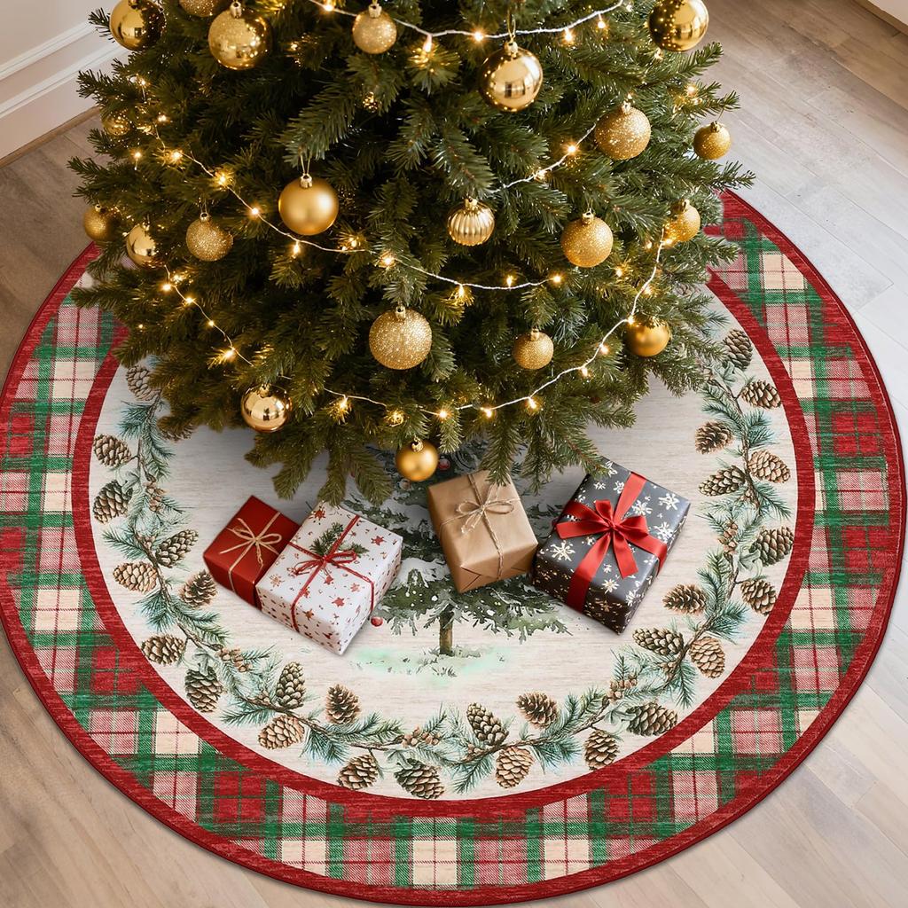 Runder Teppich Waschbare Kreis-Teppiche für das Wohnzimmer Niedrigflor Weihnachtsbaum-Druck Feiertags-Karo-Teppich Heimdekoration