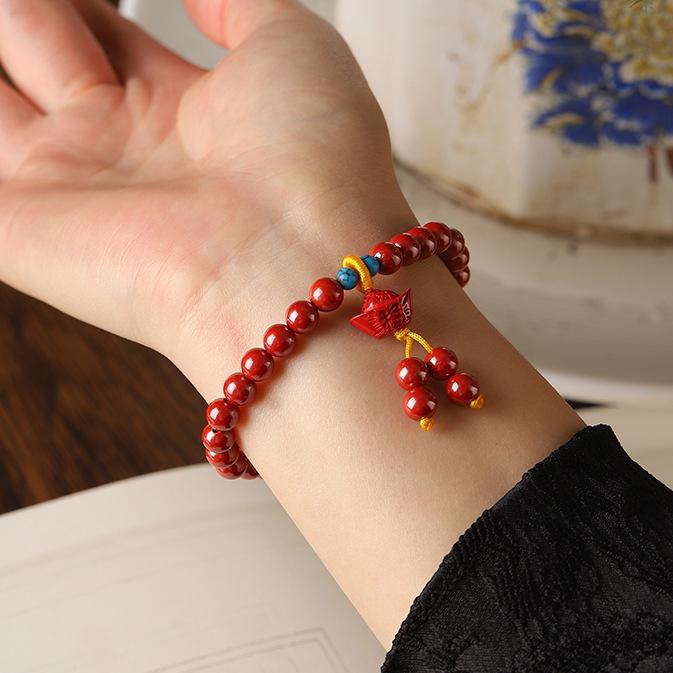 Natural Cinnabar Bracelet with Imperial Yuanbao Pendant - Single or Double Loop for Men and Women