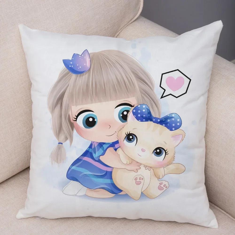 Cute Cartoon Girl and Cat Cushion Cover for Children Room Sofa Home Car Decor Lovely Child Pillow Case Plush Pillowcase 45x45cm