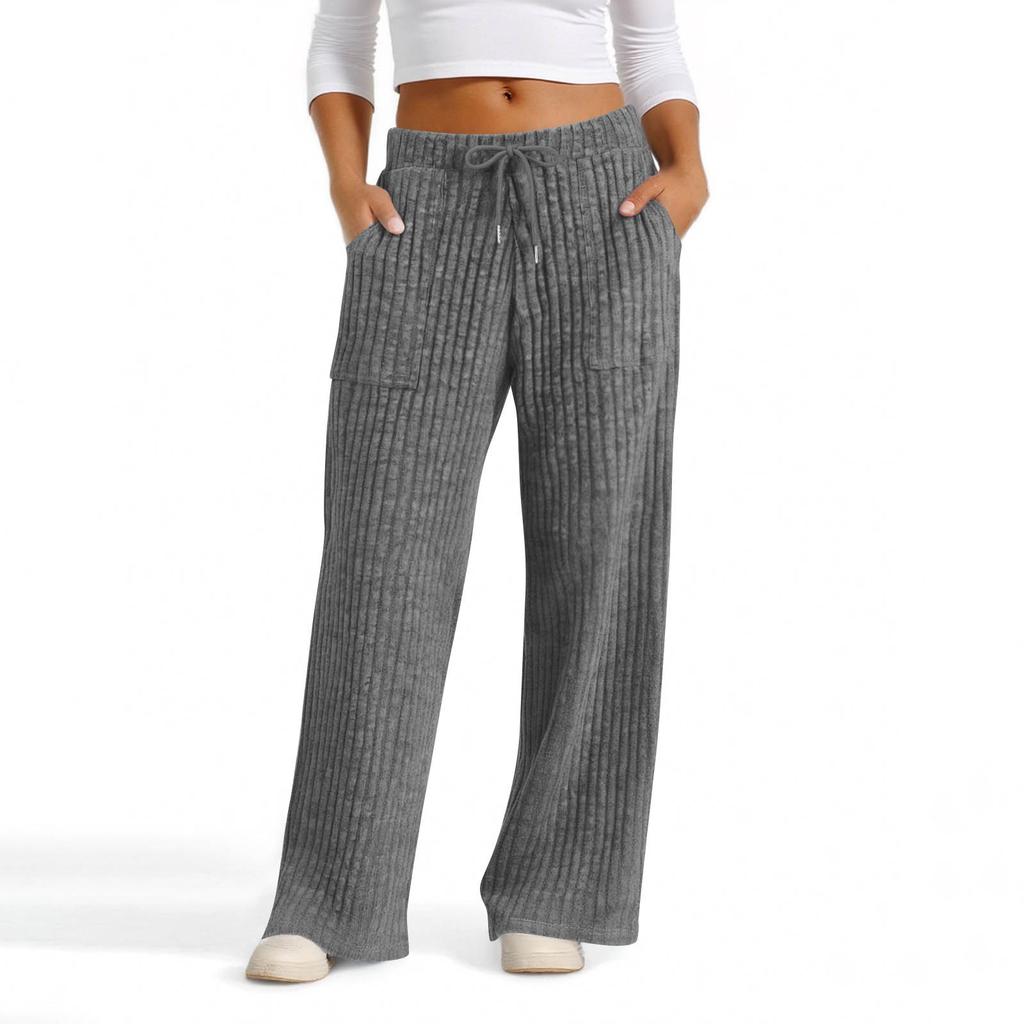 Women's Wide Leg Lounge Pants with Drawstring Waist, Soft Ribbed Knit Casual Relaxed Fit Trousers with Pockets